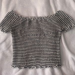 Black and White striped off the shoulder ruffle material size Small